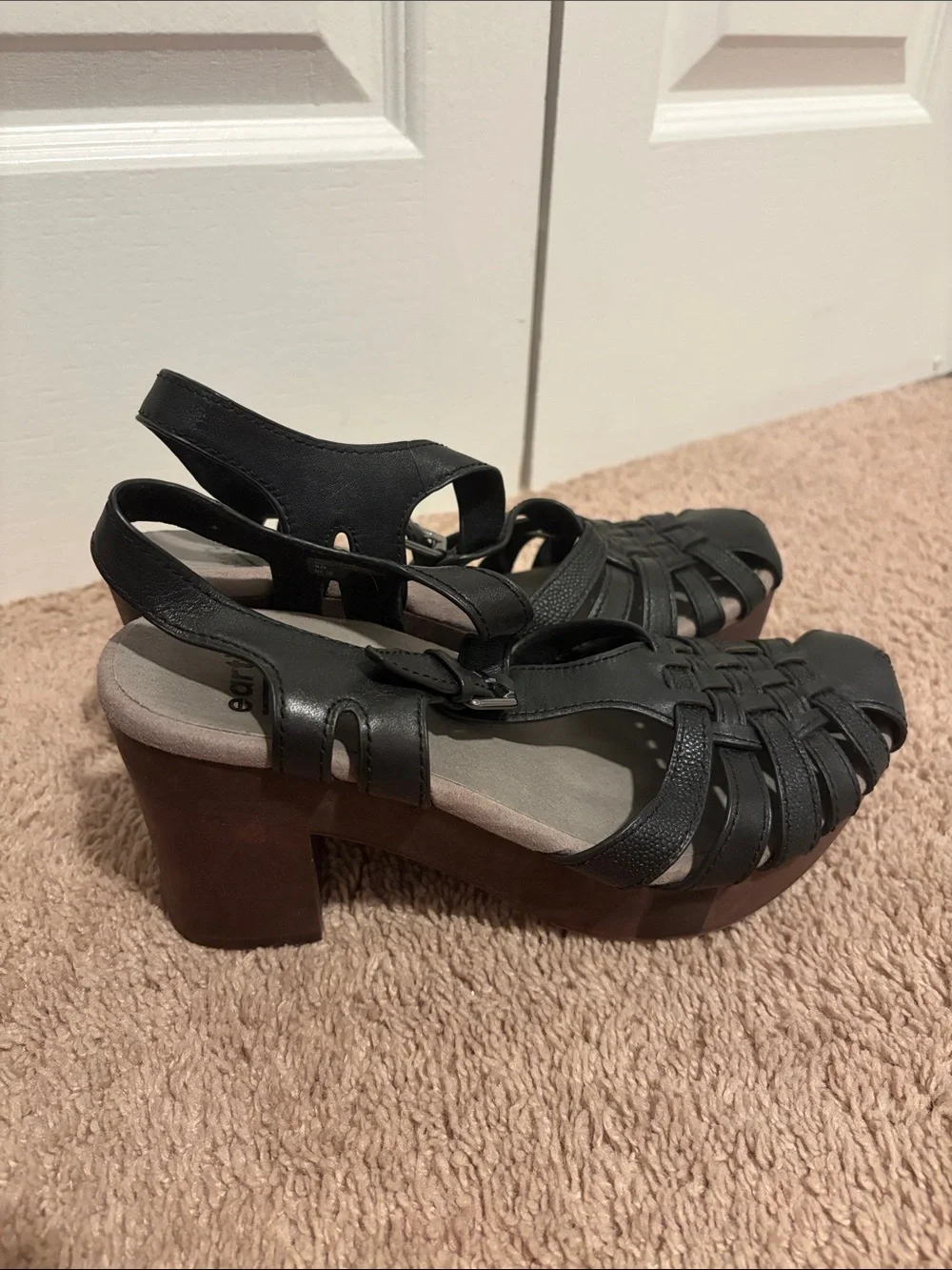 Earth Black Woven Leather Block Heel Sandals